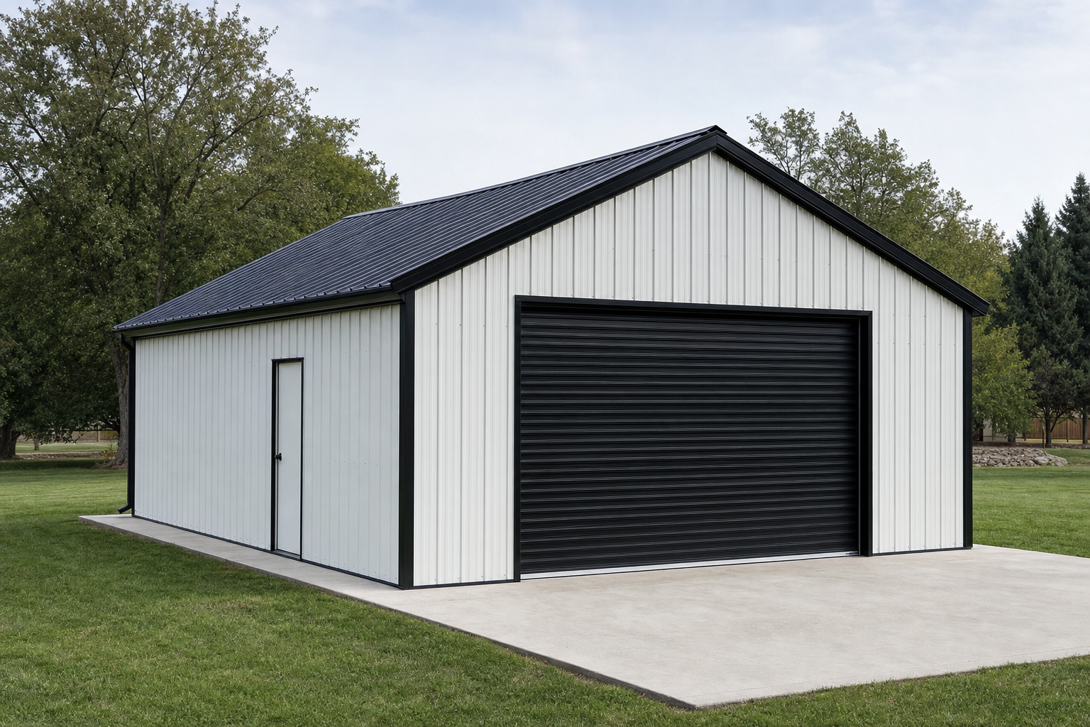 Modern white metal garage with black roof and roll-up door
