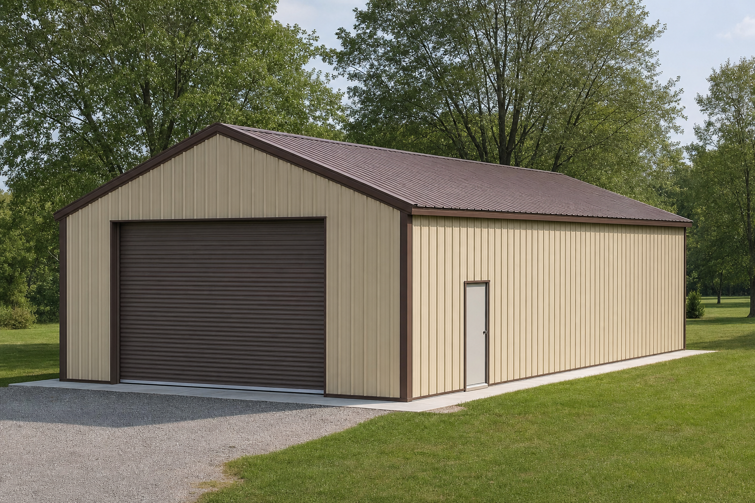 Tan metal garage building with brown roof and roll-up door