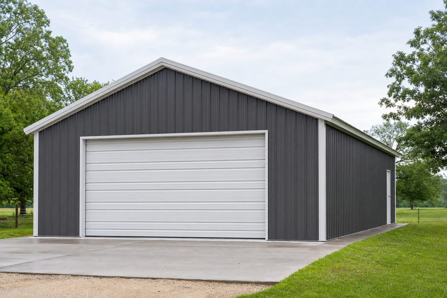 Large dark gray metal pole barn with white garage door