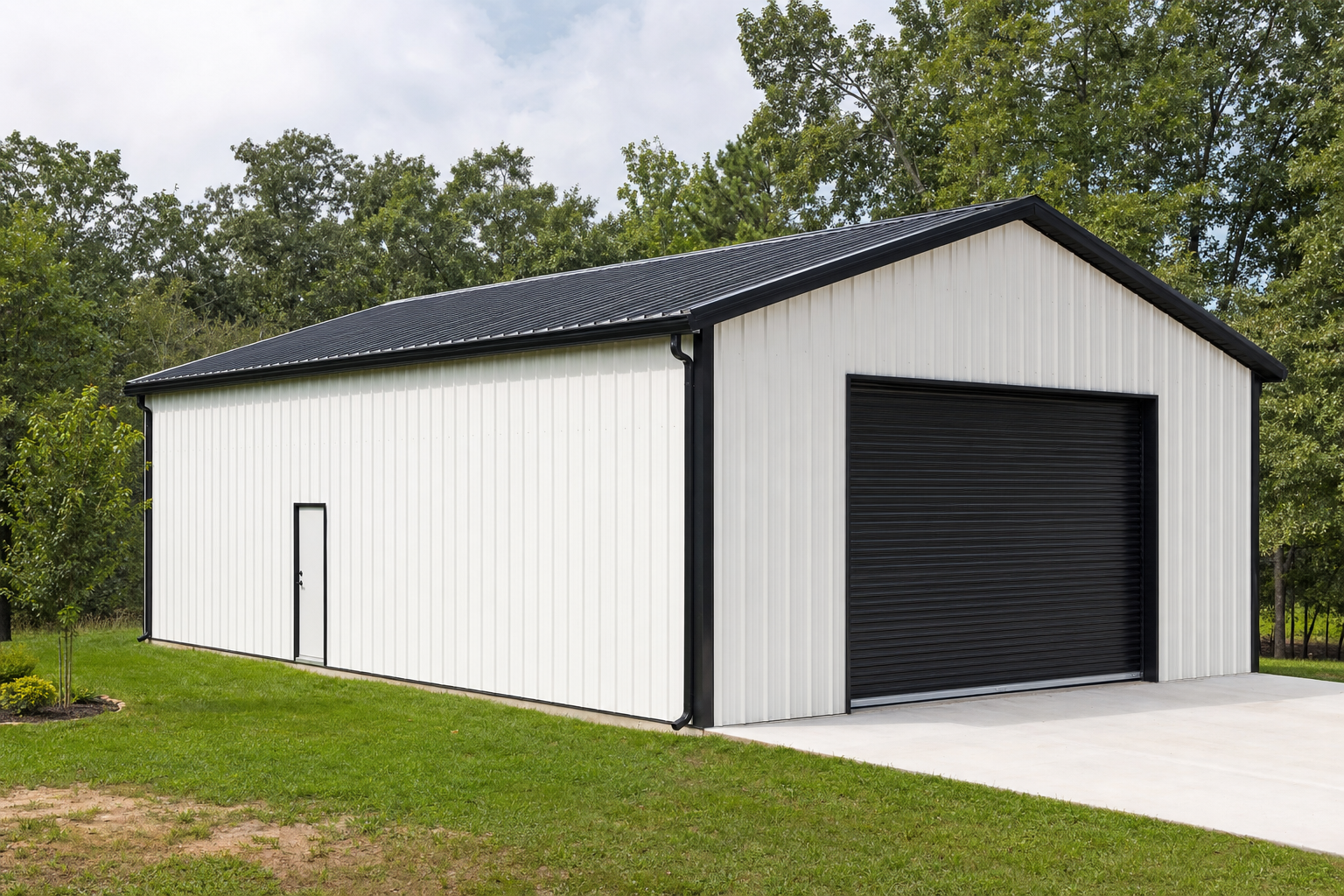 Modern white metal garage building with black roof and door