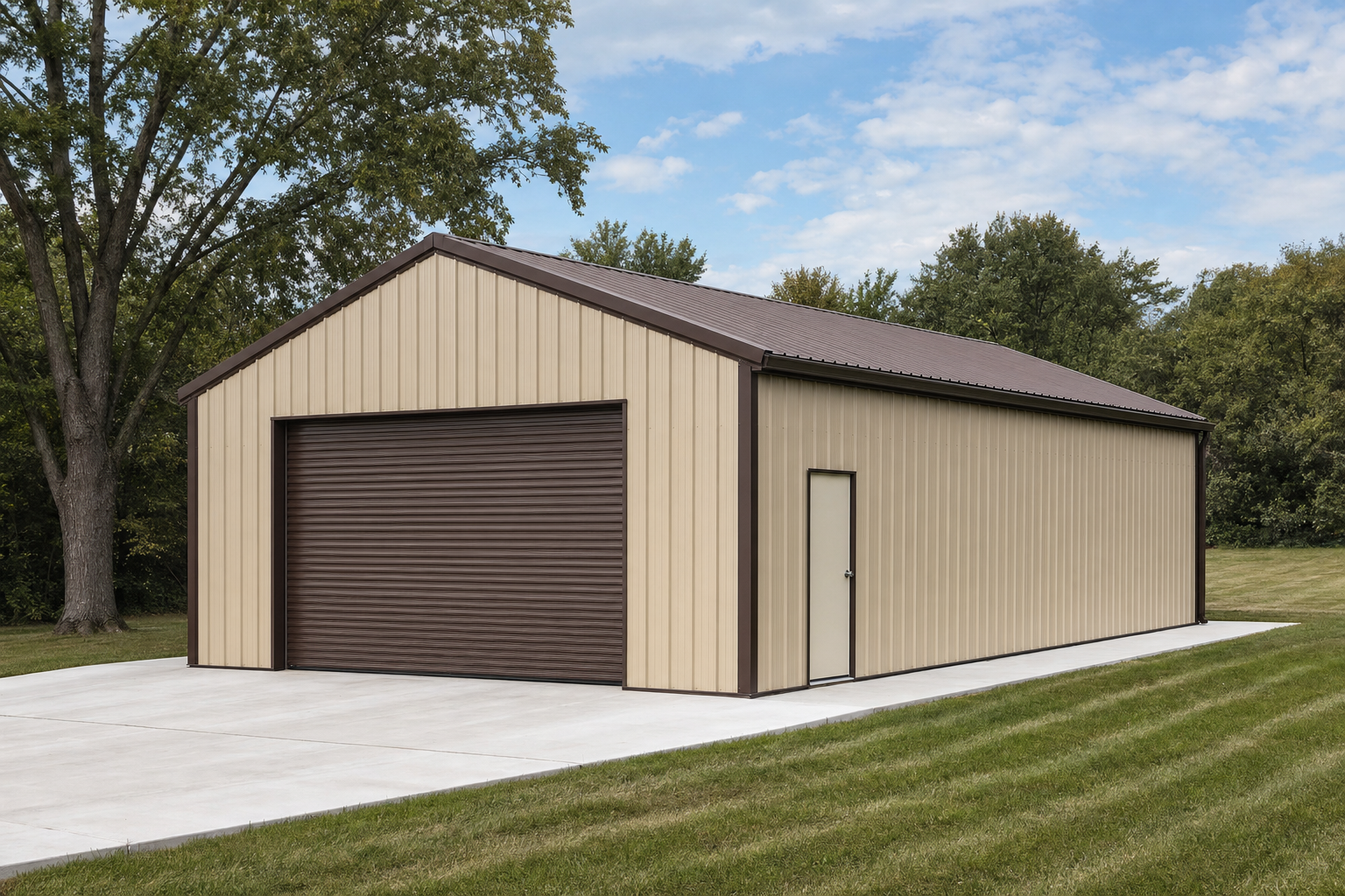 Large tan metal garage building with brown roll-up door