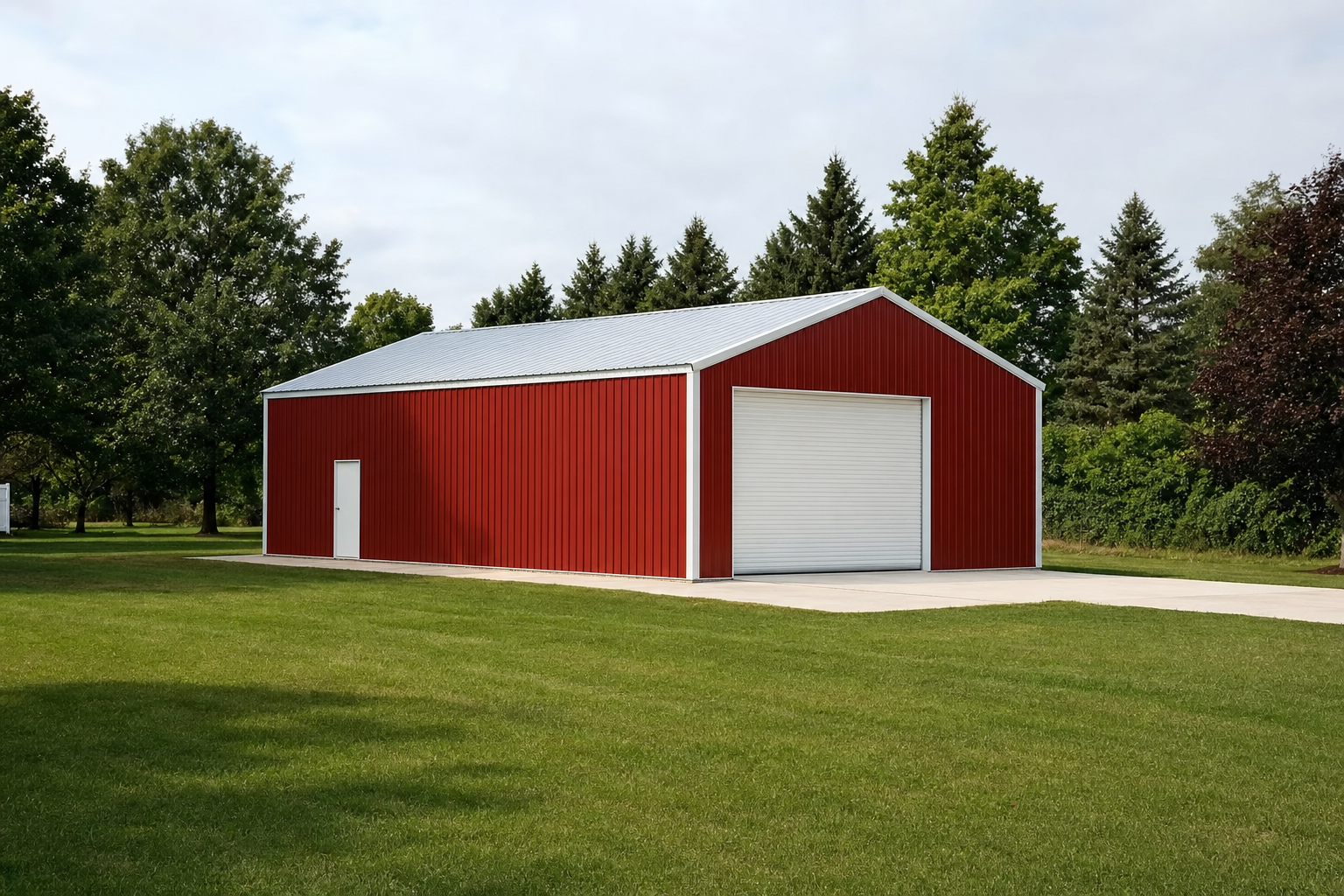 Red metal pole barn with white roof on green property