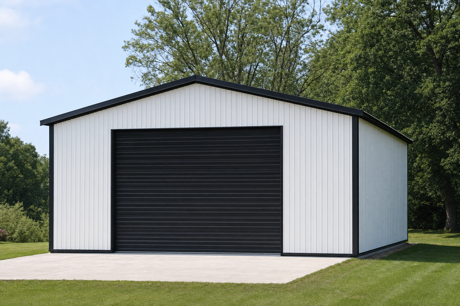 White metal garage building with black roll-up door