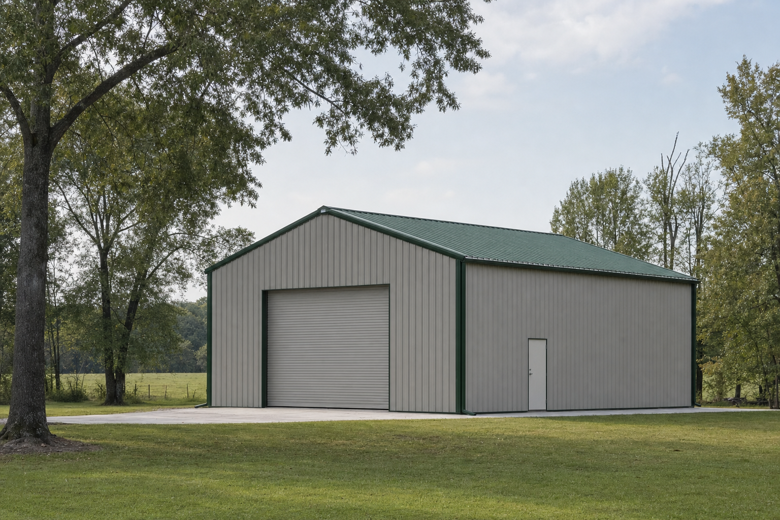 Gray metal storage building with green roof in rural setting