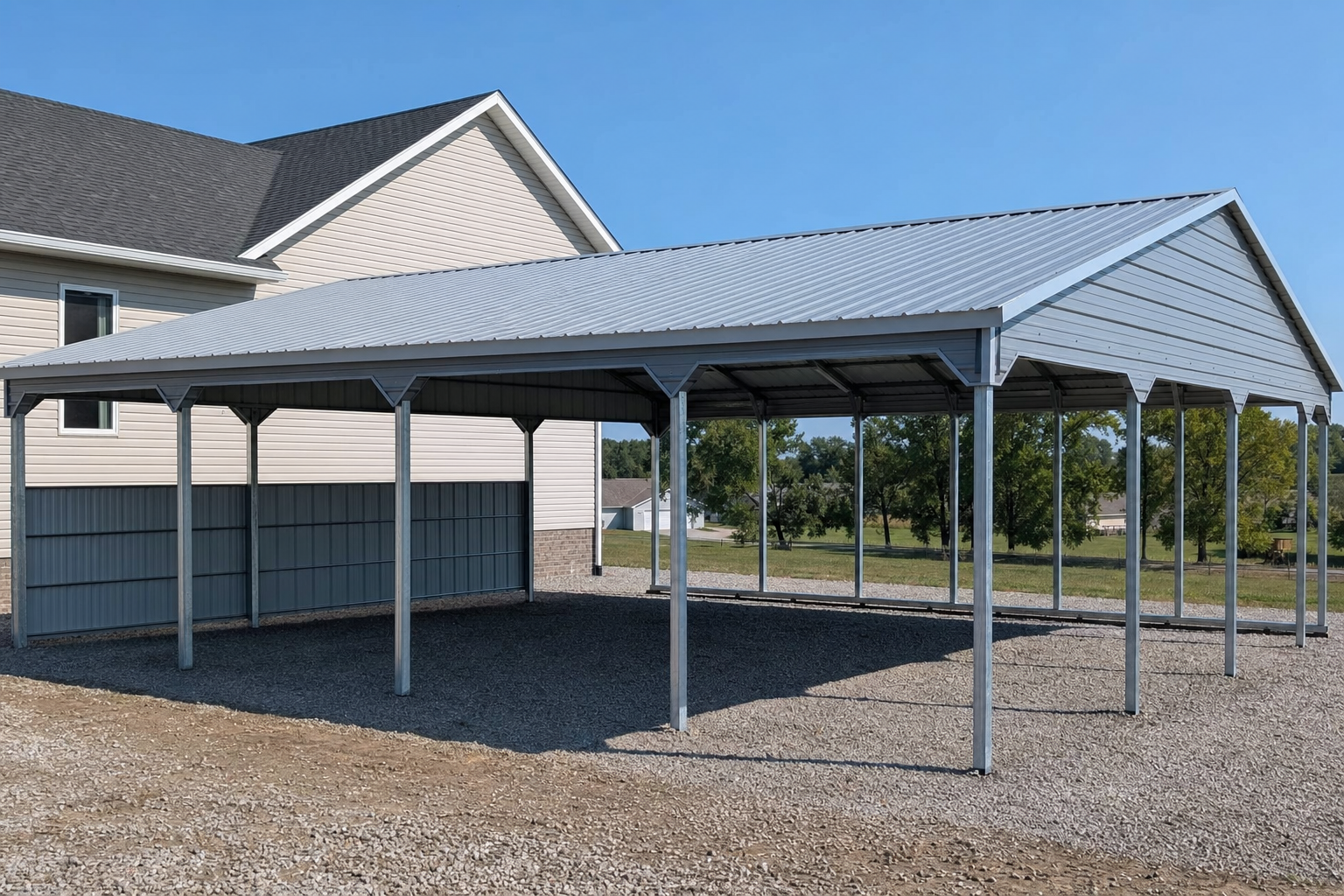 Large open metal carport structure next to residential home