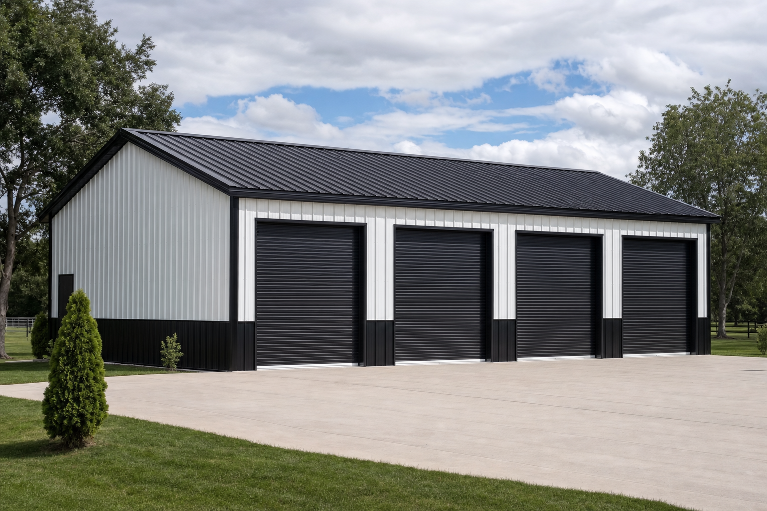 Large metal pole barn with four black garage doors