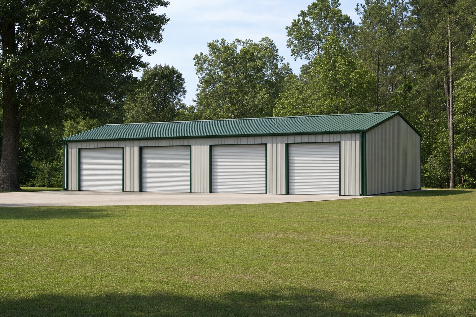 Large metal building with four garage doors and green roof