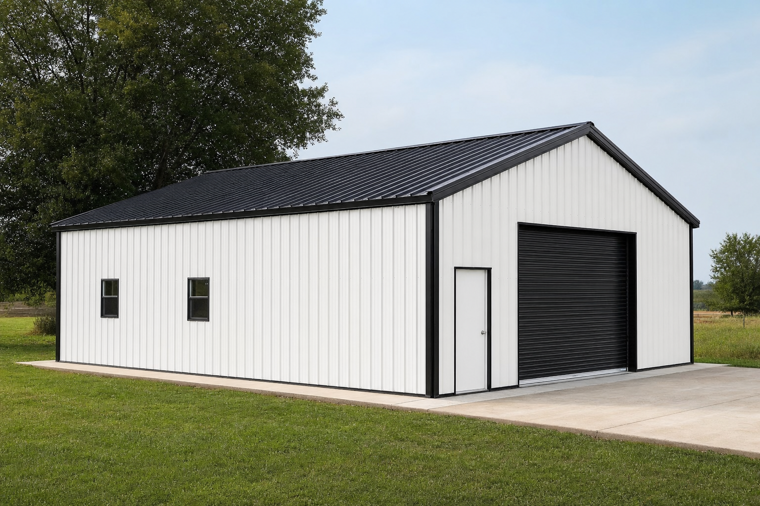 Modern white metal pole barn with black roof and garage door