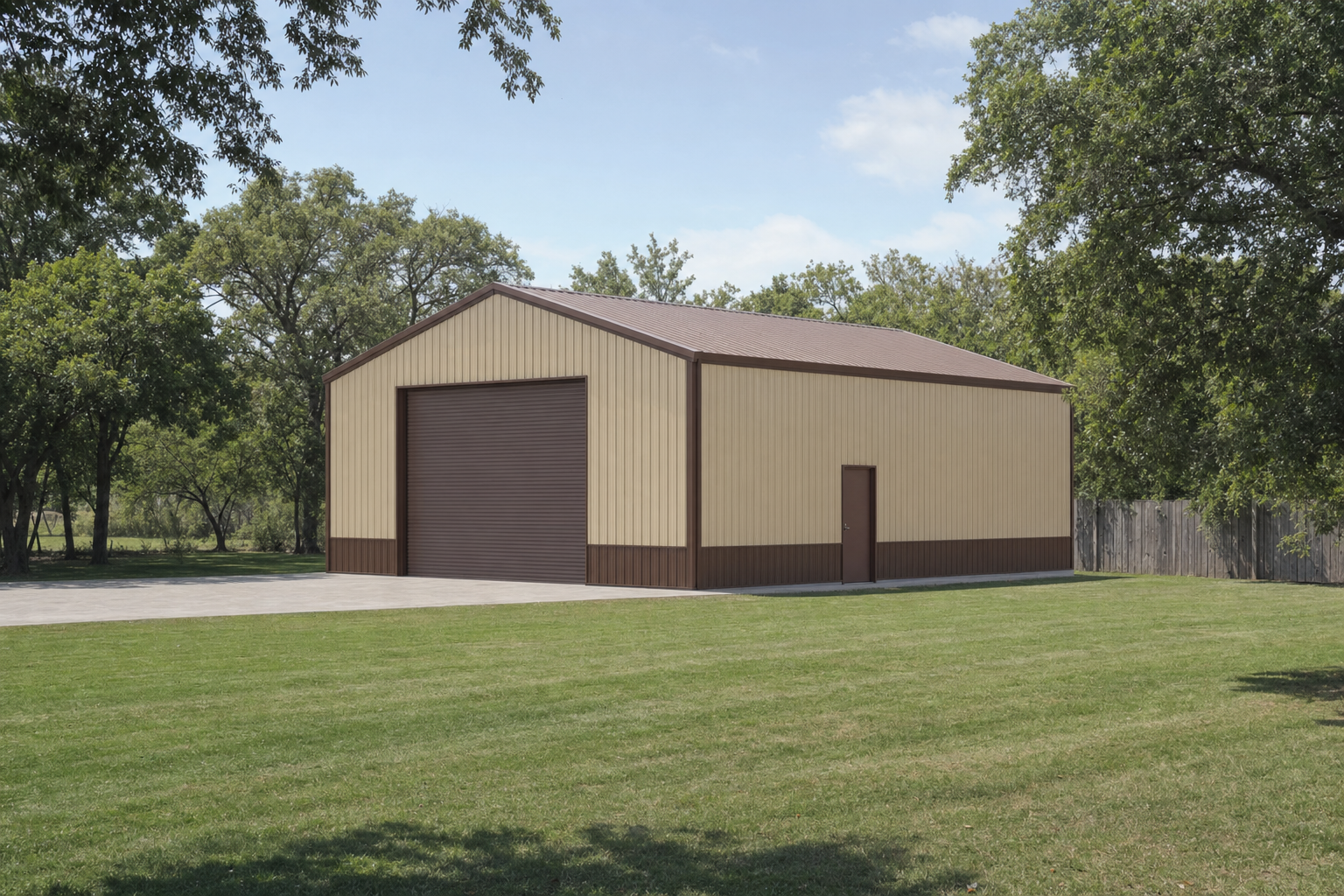 Large tan and brown metal pole barn on green lawn