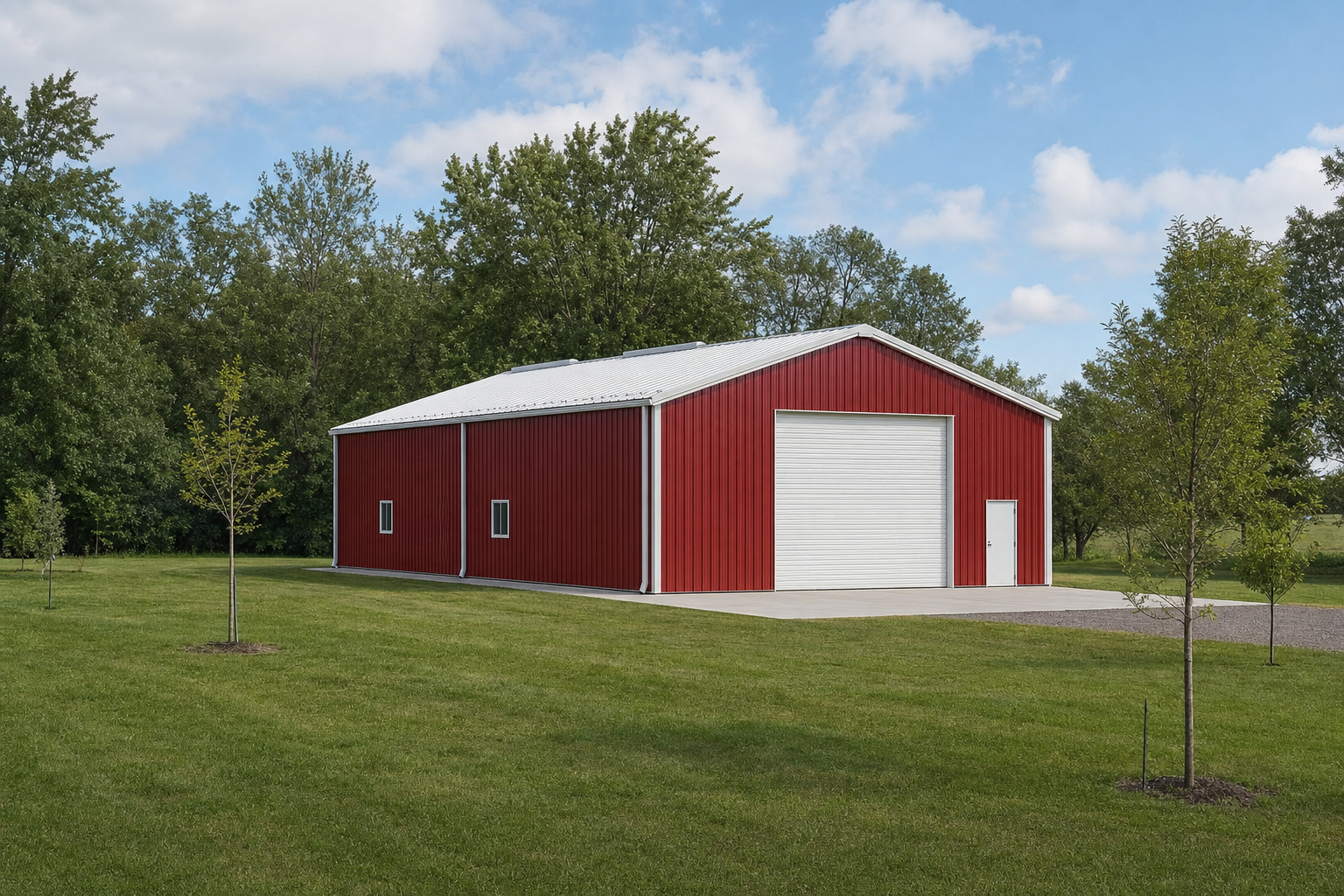 Red metal pole barn with white roof on green lawn