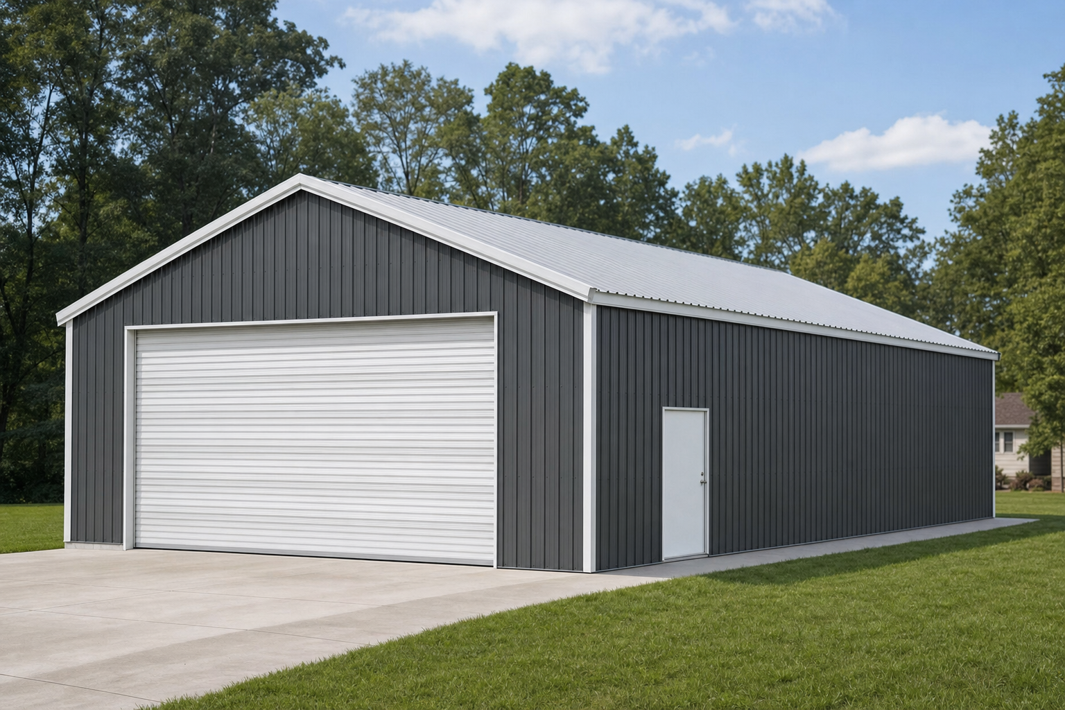 Large dark gray metal garage building with white roll-up door