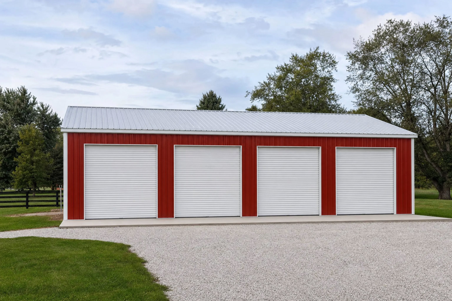 Red metal pole barn with four white garage doors
