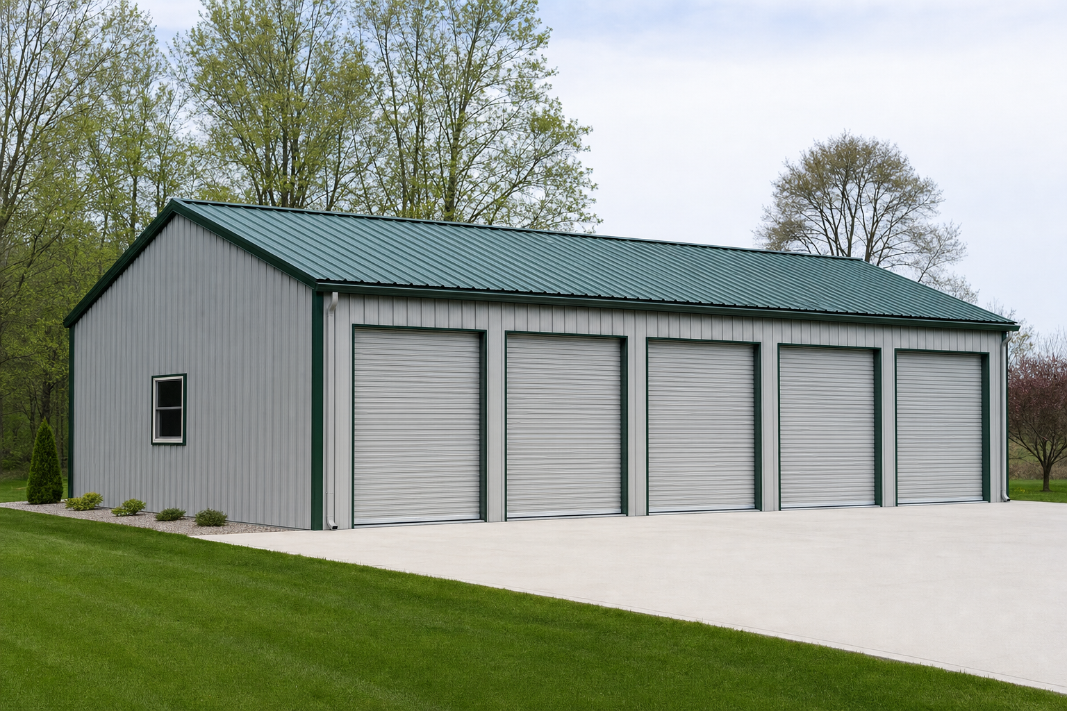 Large metal garage building with five roll-up doors