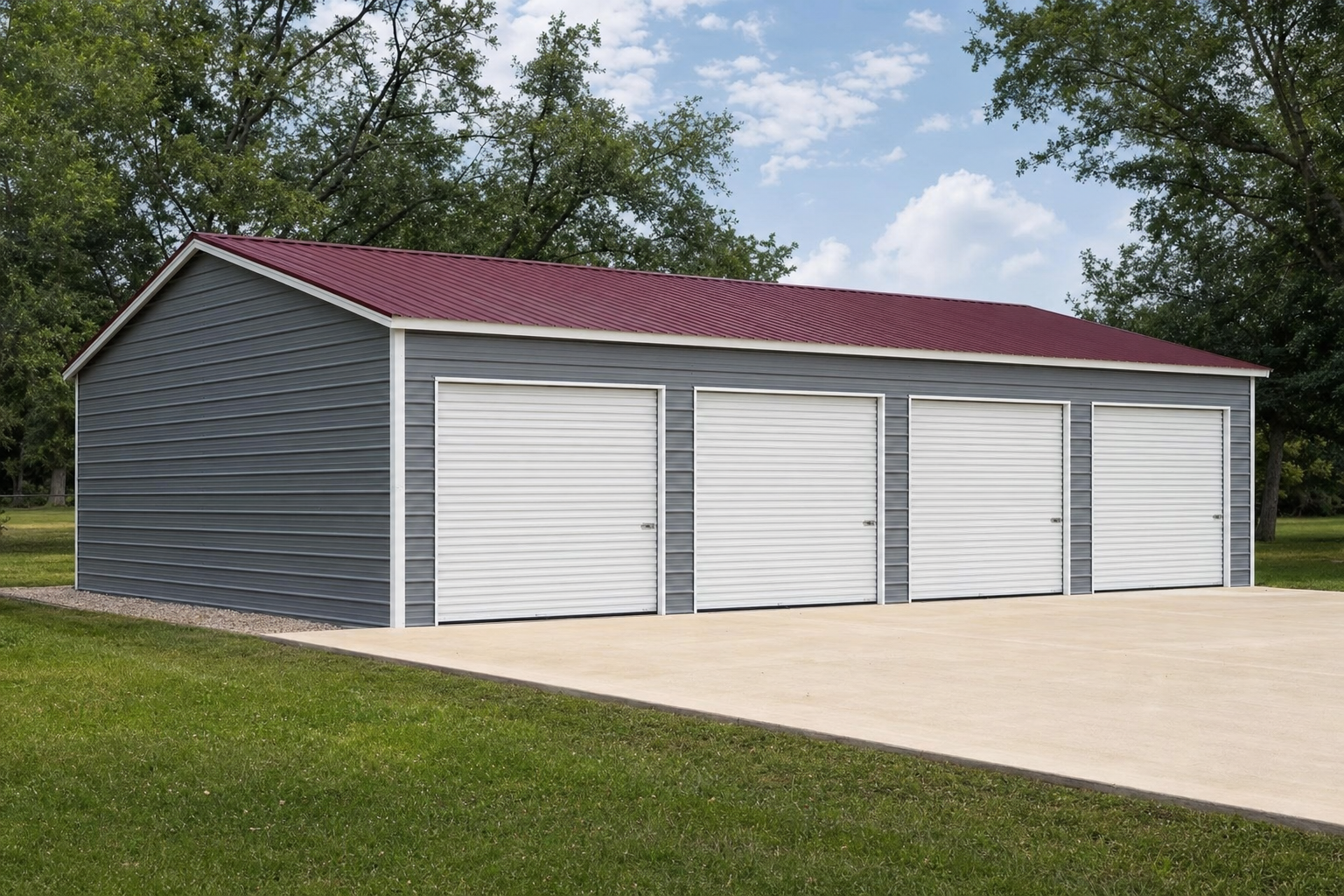 Large metal garage with four white roll-up doors