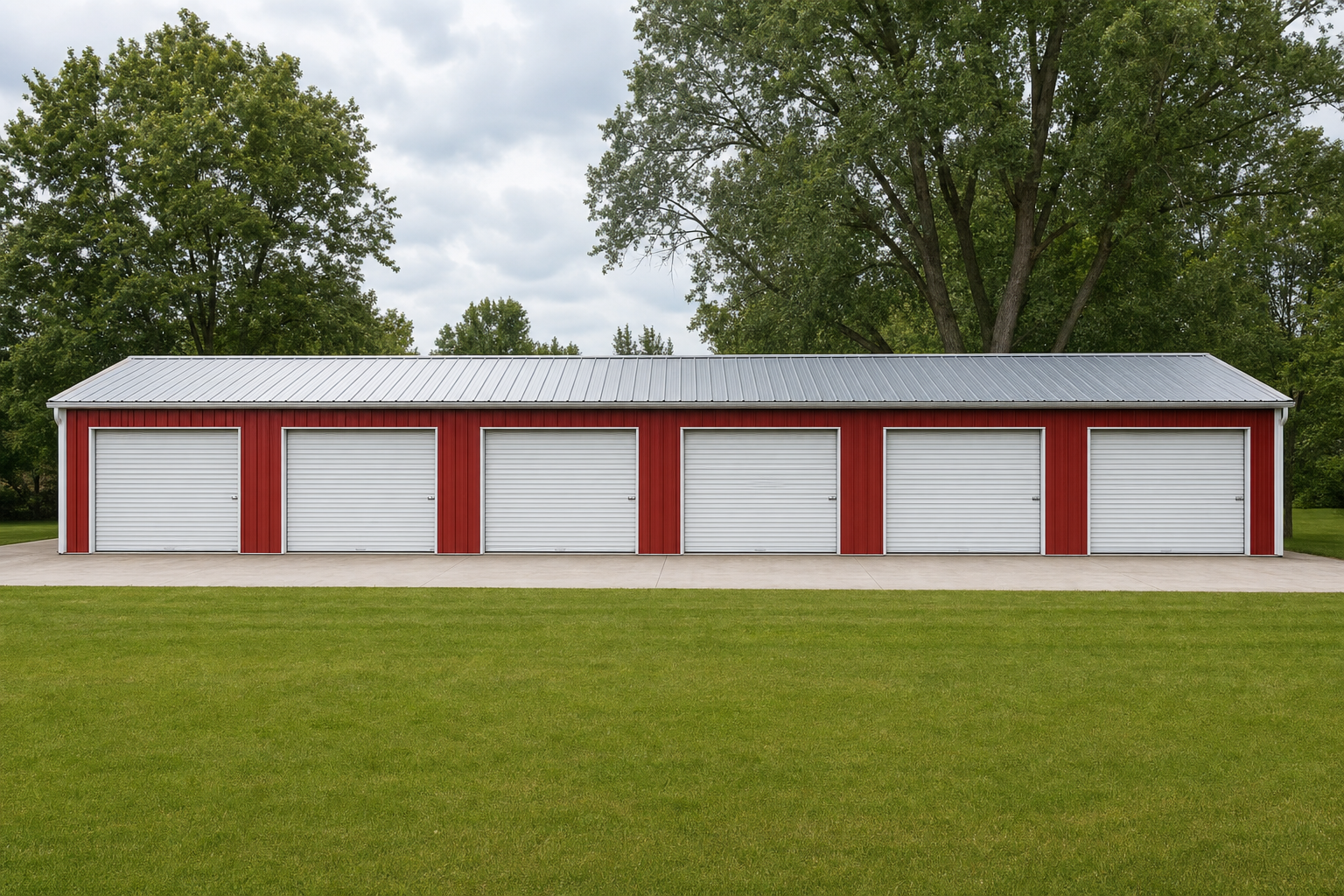 Red metal building with six white garage doors on green lawn