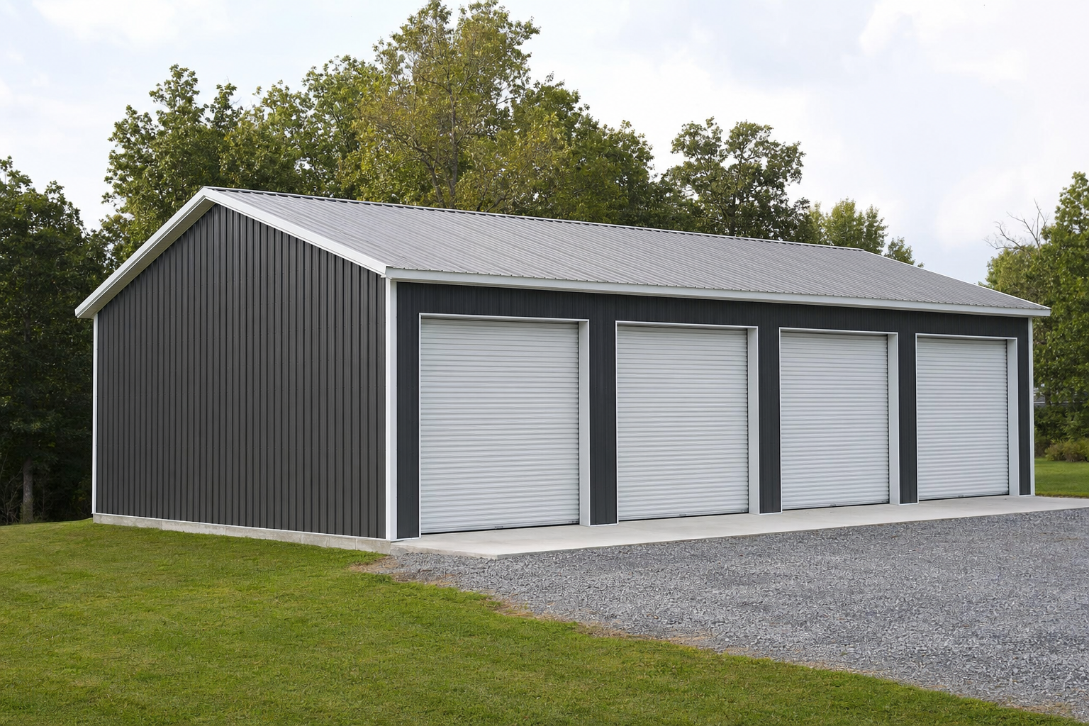 Large dark gray metal garage building with four roll-up doors