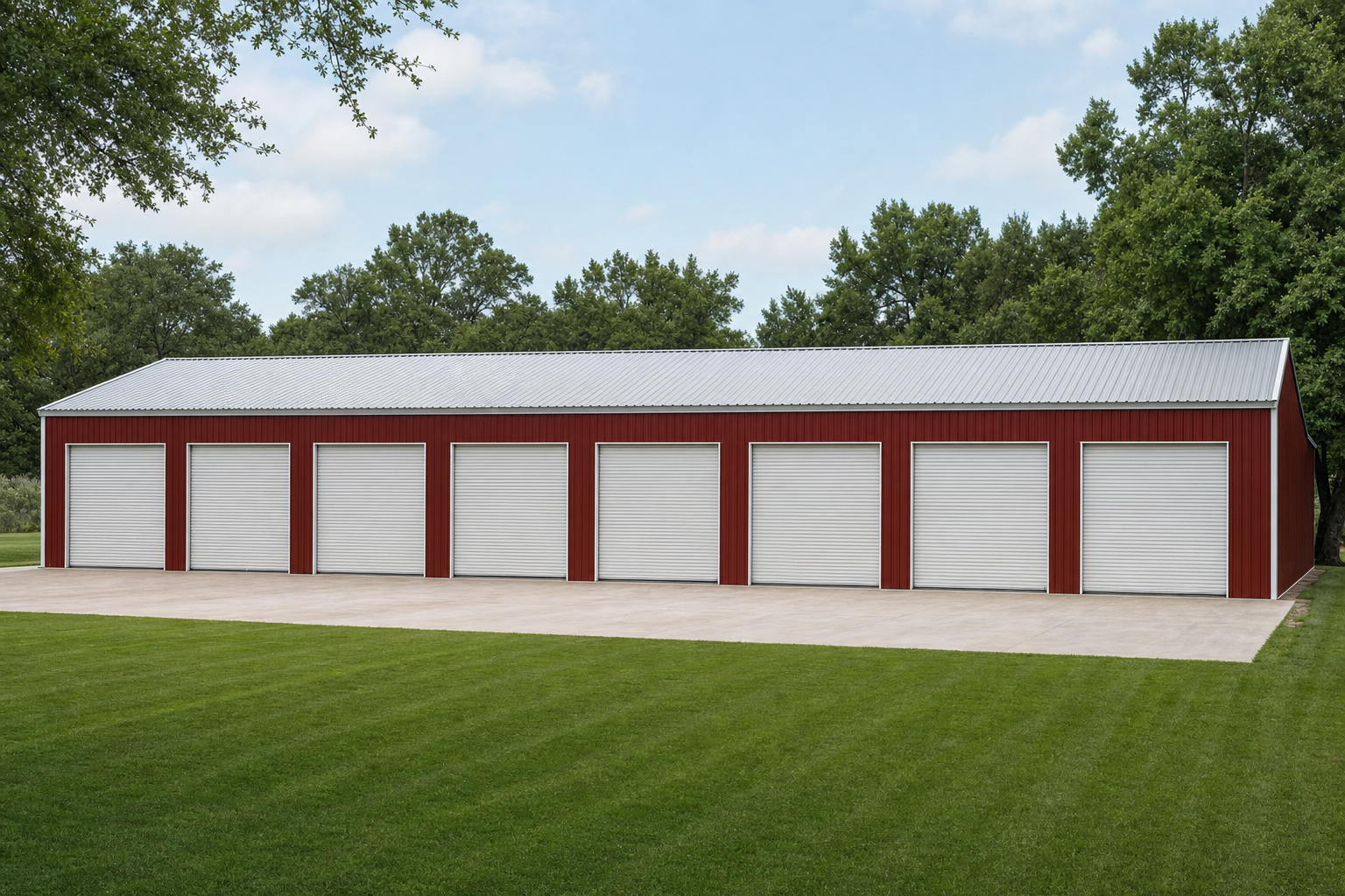 Large red metal building with eight white garage doors