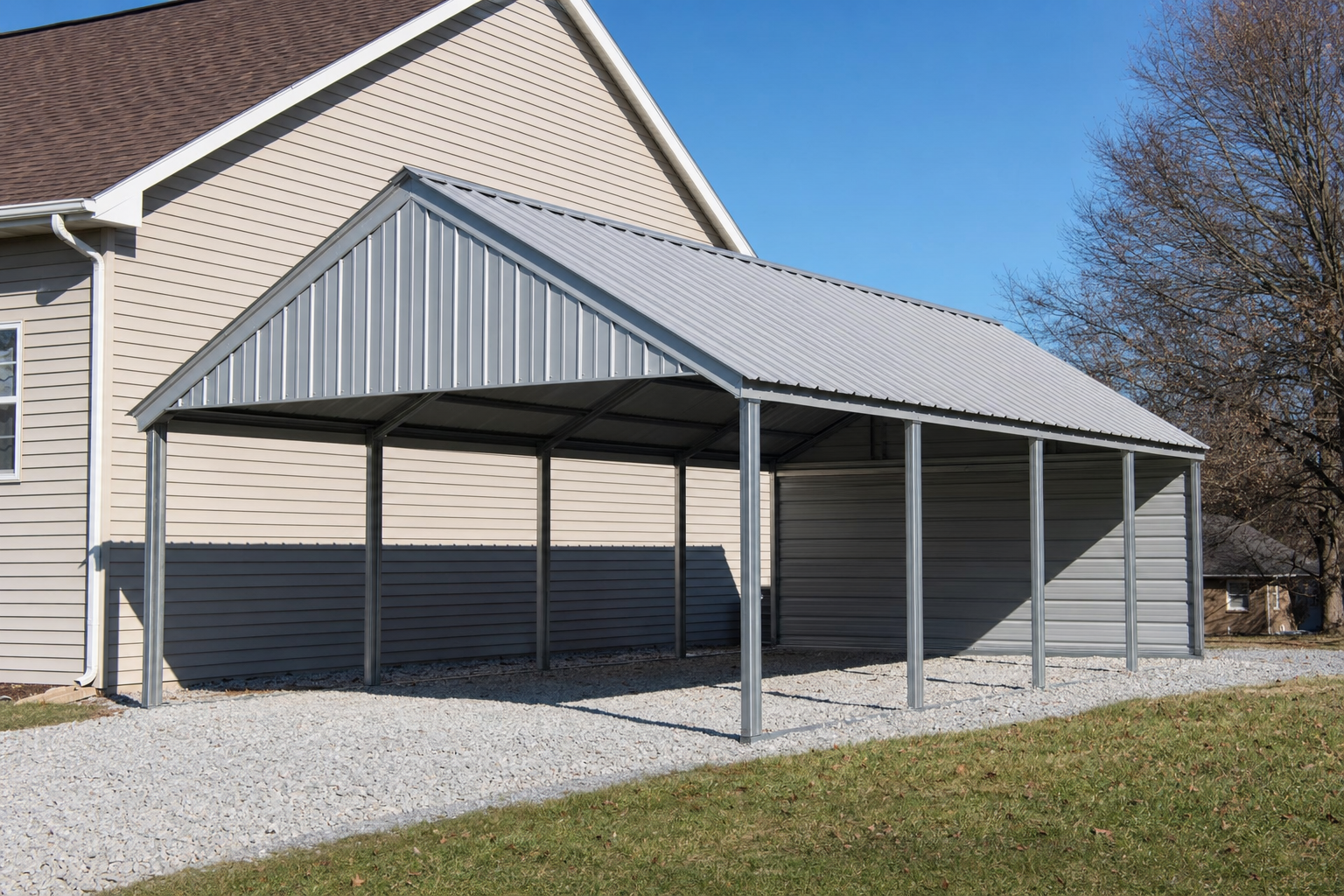 Metal carport with gabled roof beside a beige house
