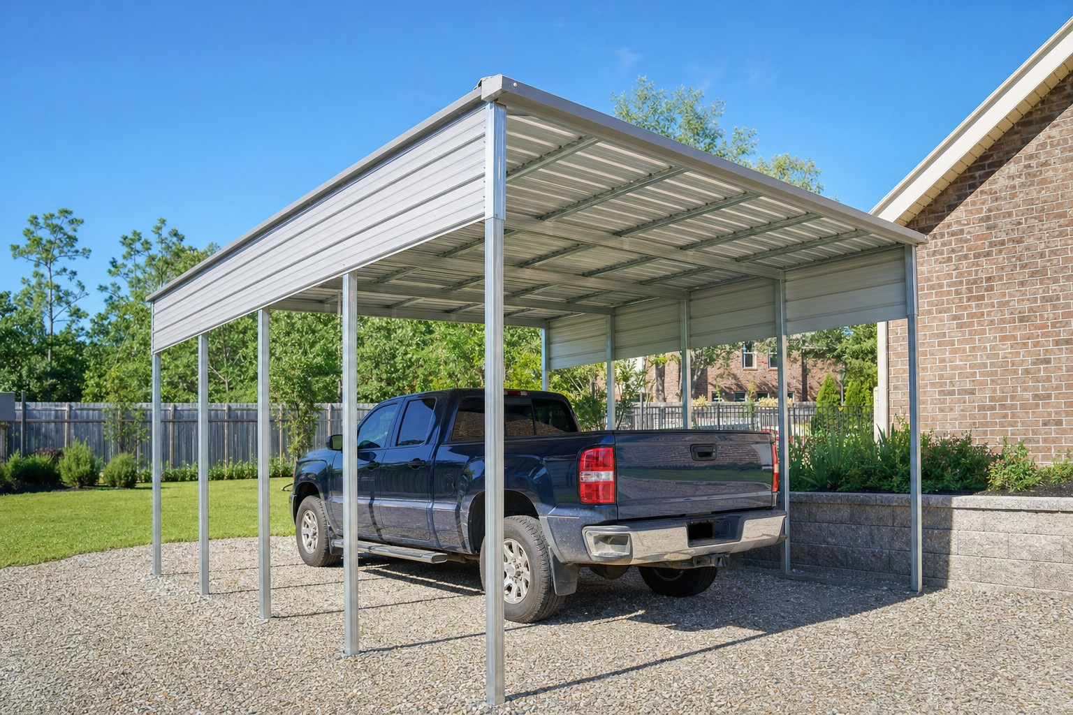 Blue pickup truck parked under metal carport beside brick house
