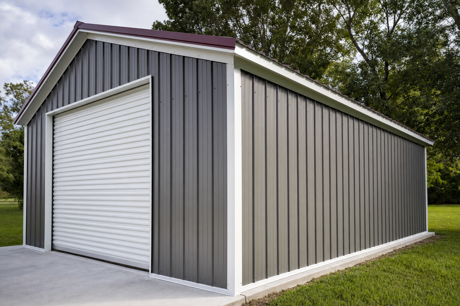 Large metal garage building with white roll-up door
