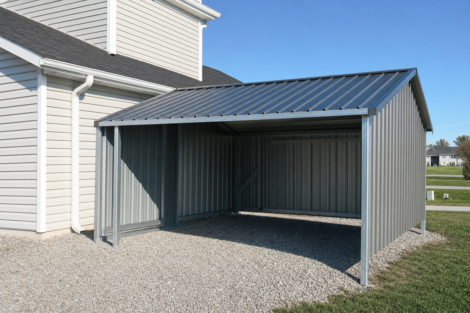 Open-front metal storage shed beside a residential house