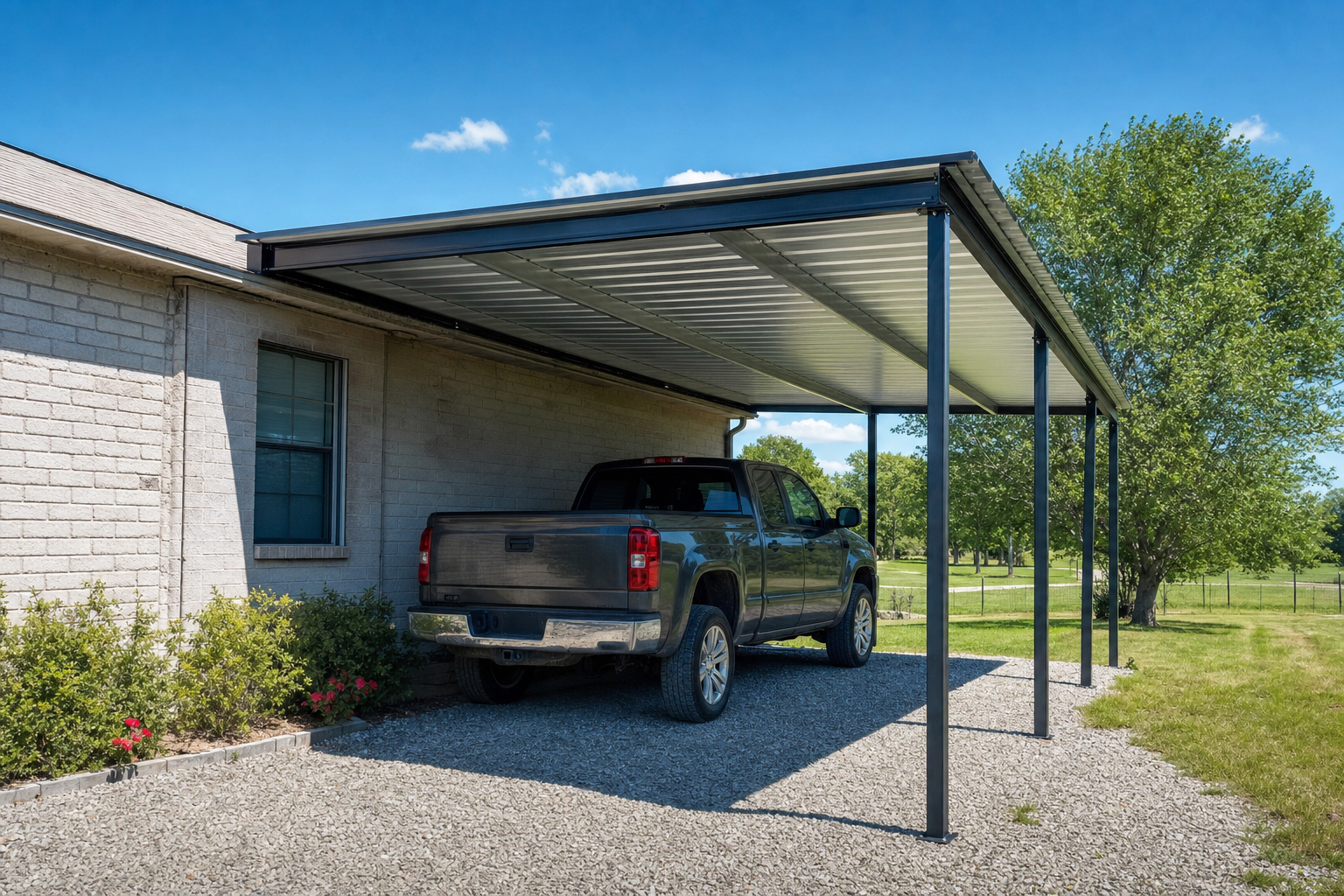 Gray pickup truck parked under metal carport beside brick house