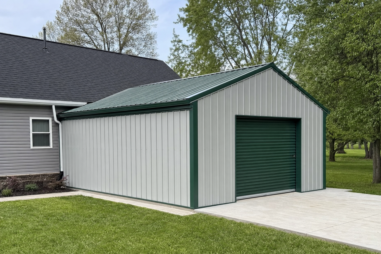Metal garage with green roof and roll-up door beside house