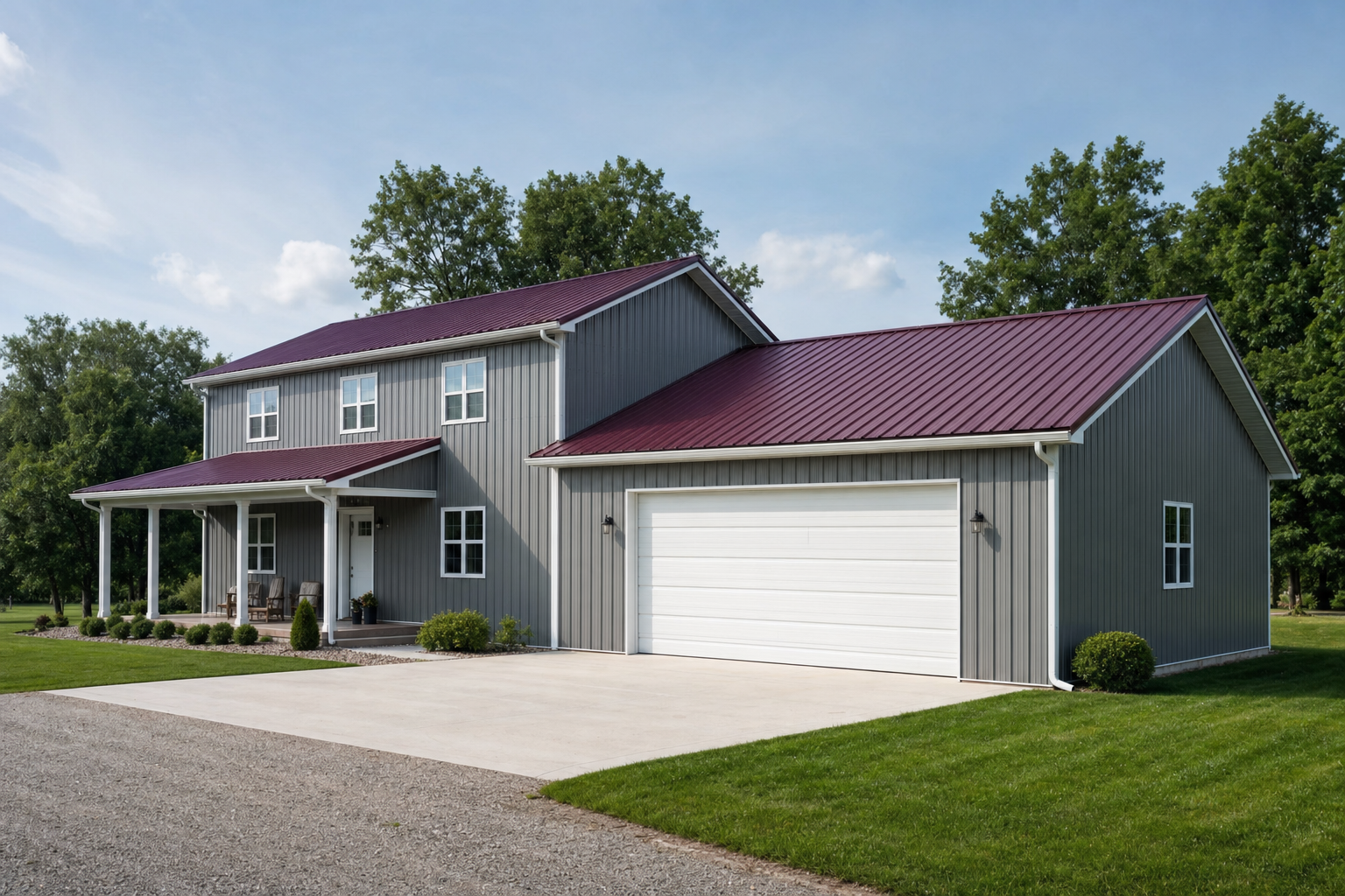 Modern farmhouse with gray siding and dark red metal roof