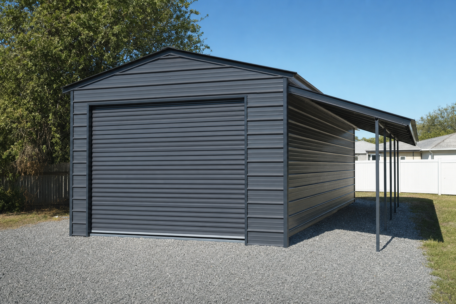 Dark gray metal garage with attached carport on gravel