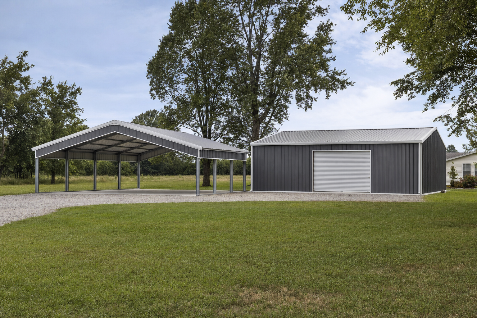Gray metal carport and enclosed garage building on rural property