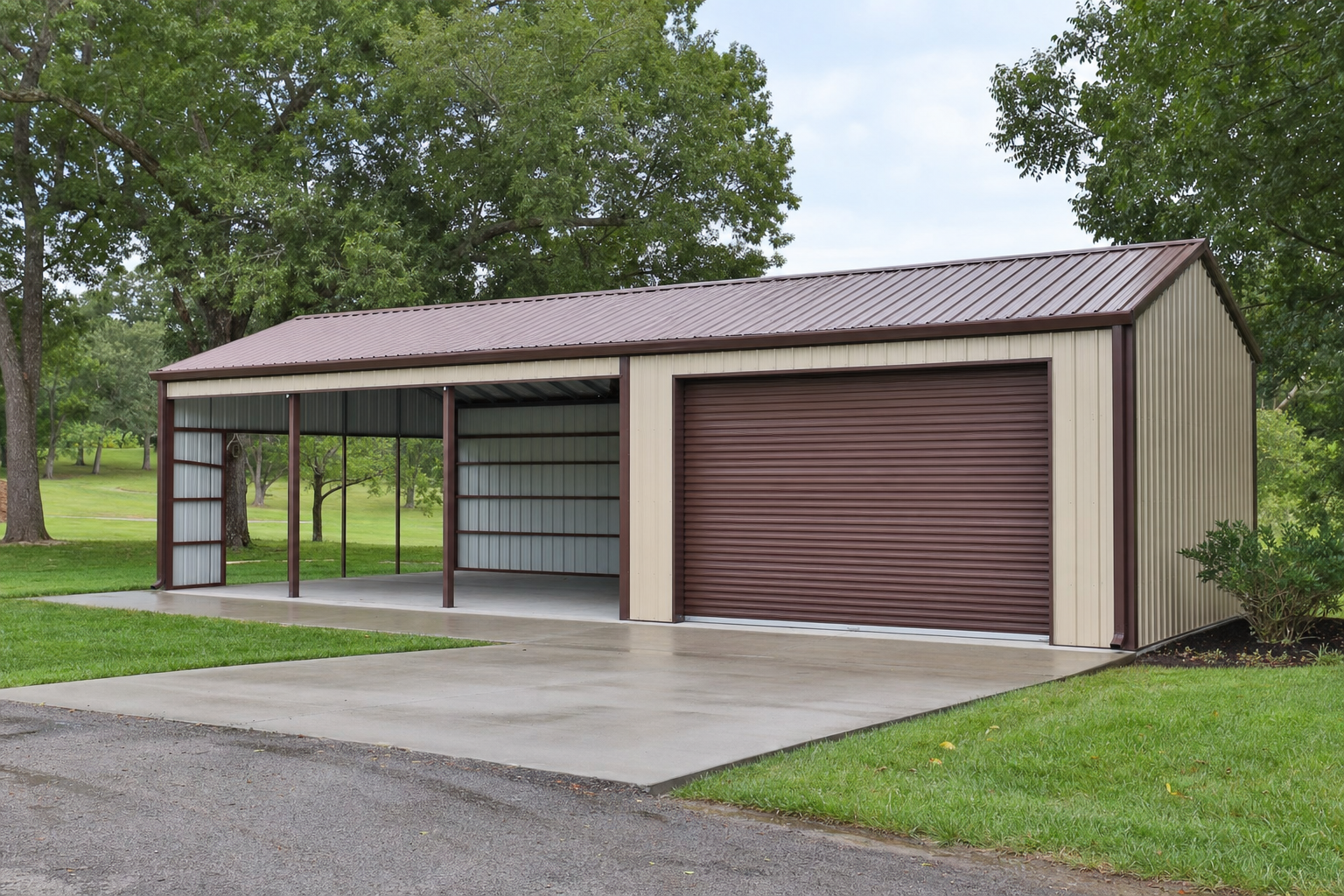 Metal garage building with carport and roll-up door