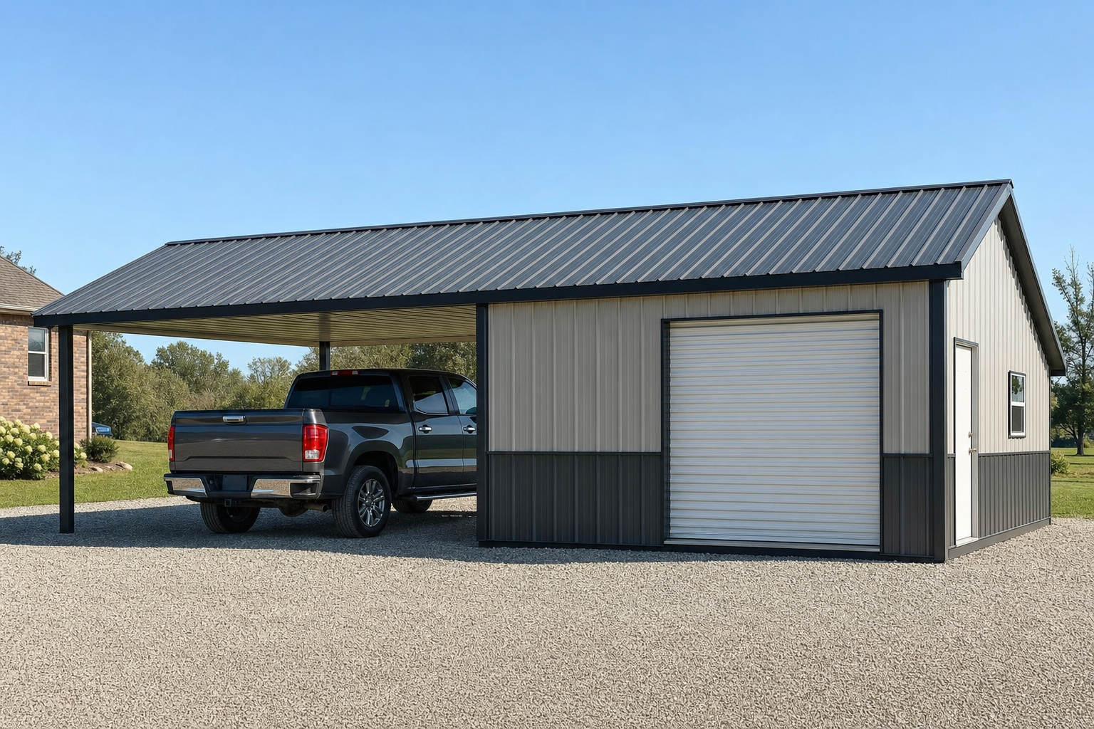 Metal garage with carport and truck on gravel driveway