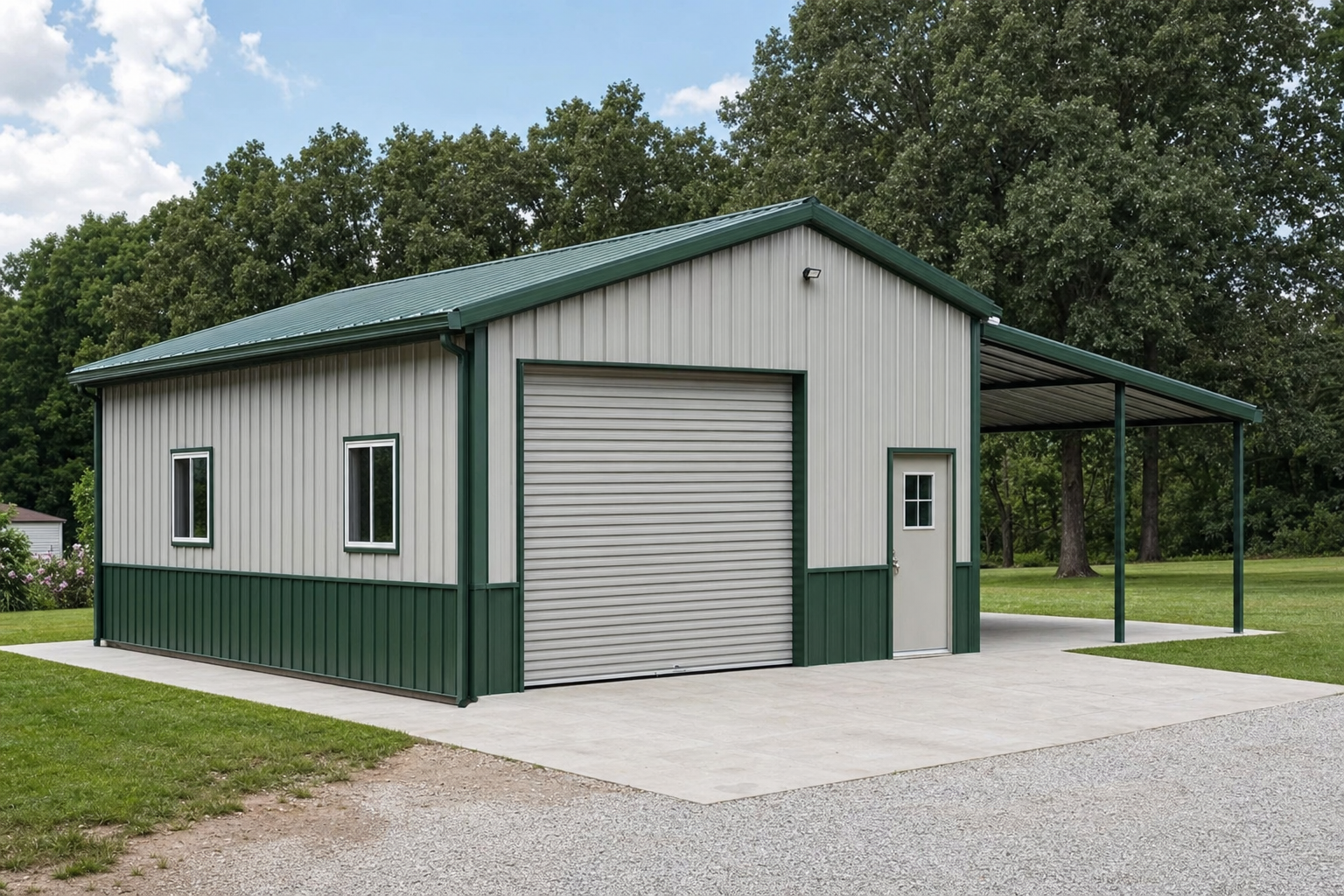 Metal pole barn garage with green roof and lean-to