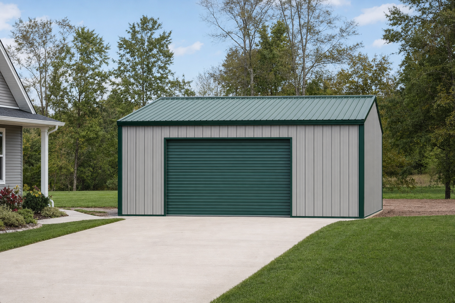 Metal garage with green roof and roll-up door on property