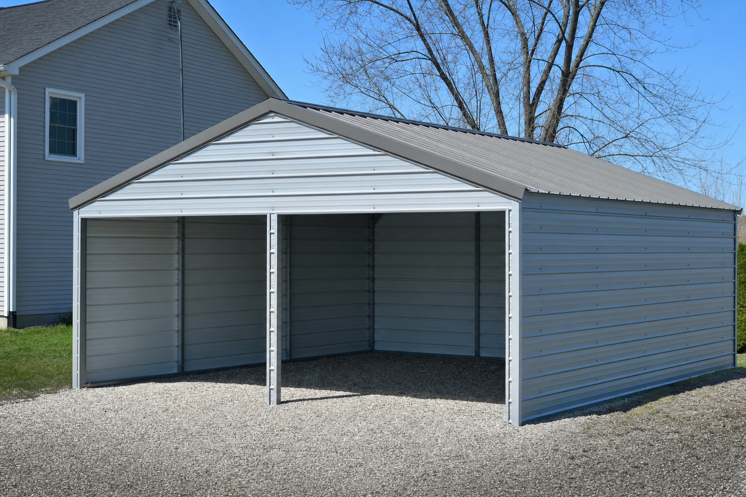 Open metal carport with gray roof next to house