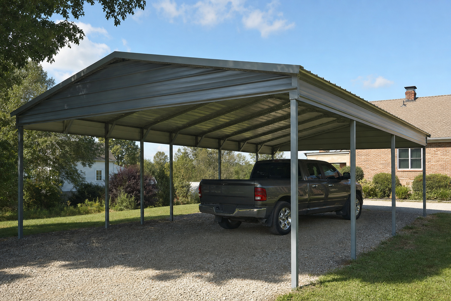 Dark pickup truck parked under large metal carport