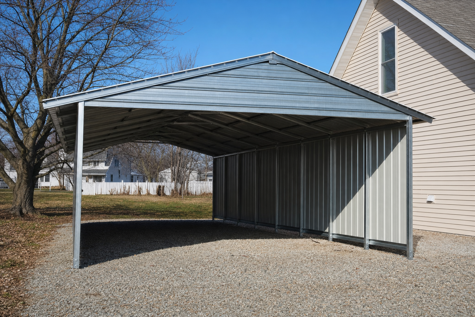 Metal carport with gabled roof next to residential home