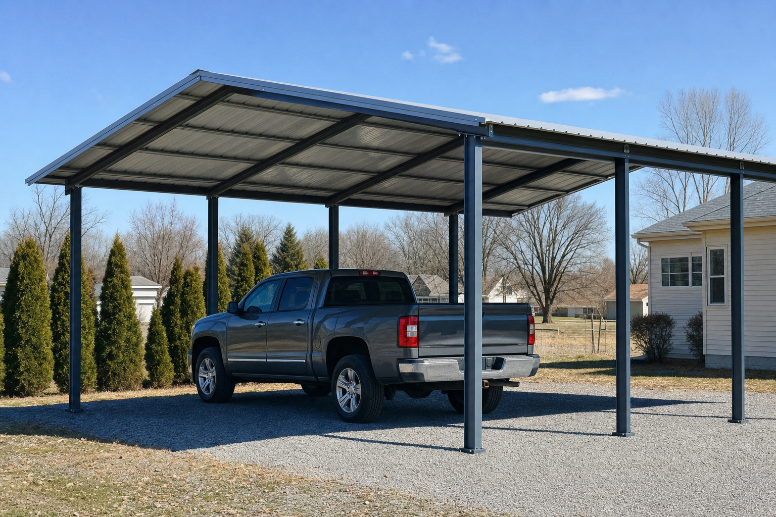 Gray pickup truck parked under metal carport on gravel driveway