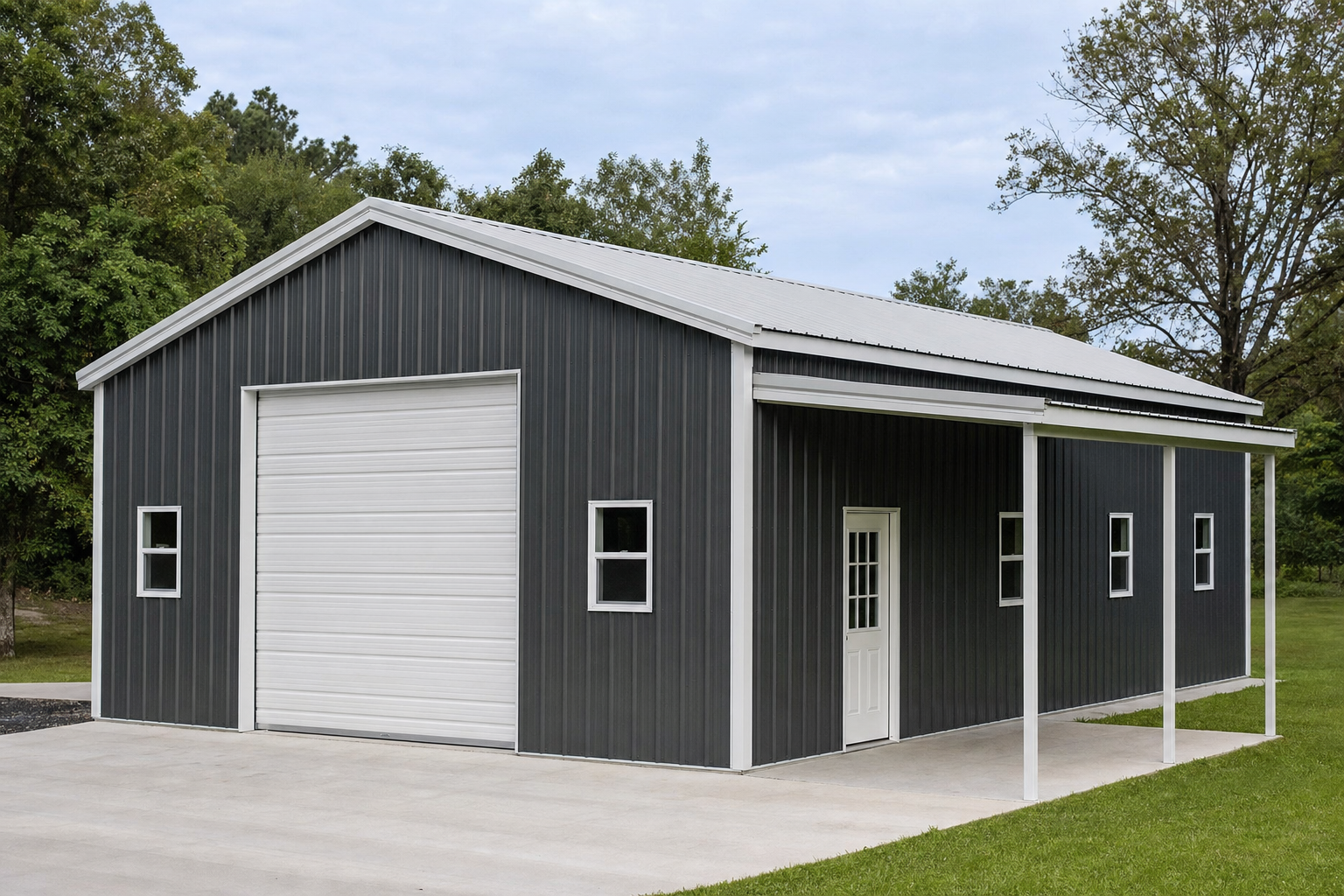 Modern dark gray metal pole barn with white garage door