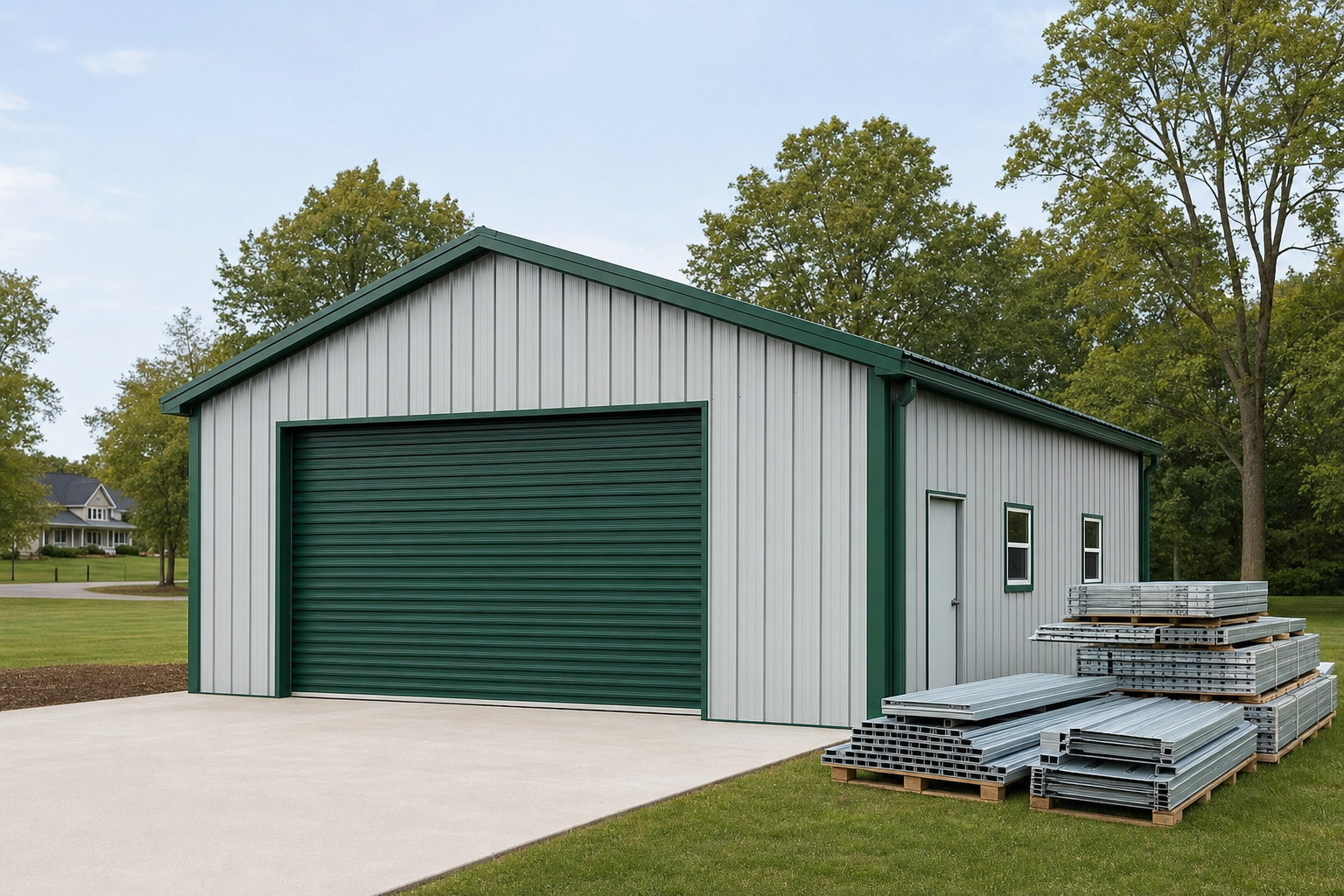 Gray and green metal garage building with roll-up door