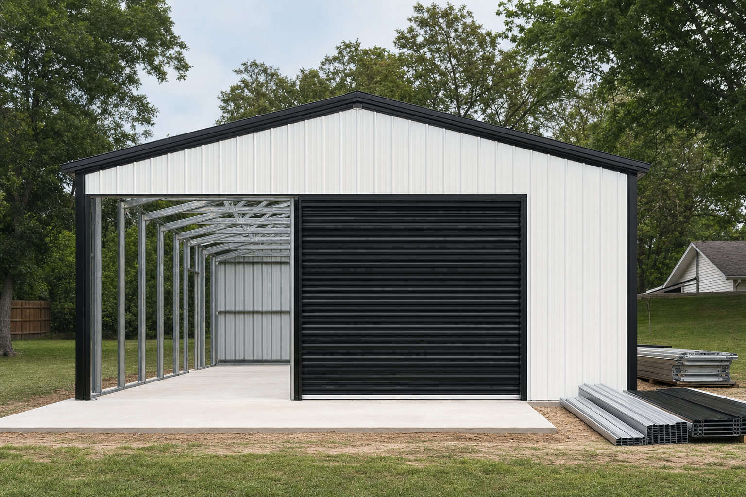 Partially constructed white metal garage with black roll-up door