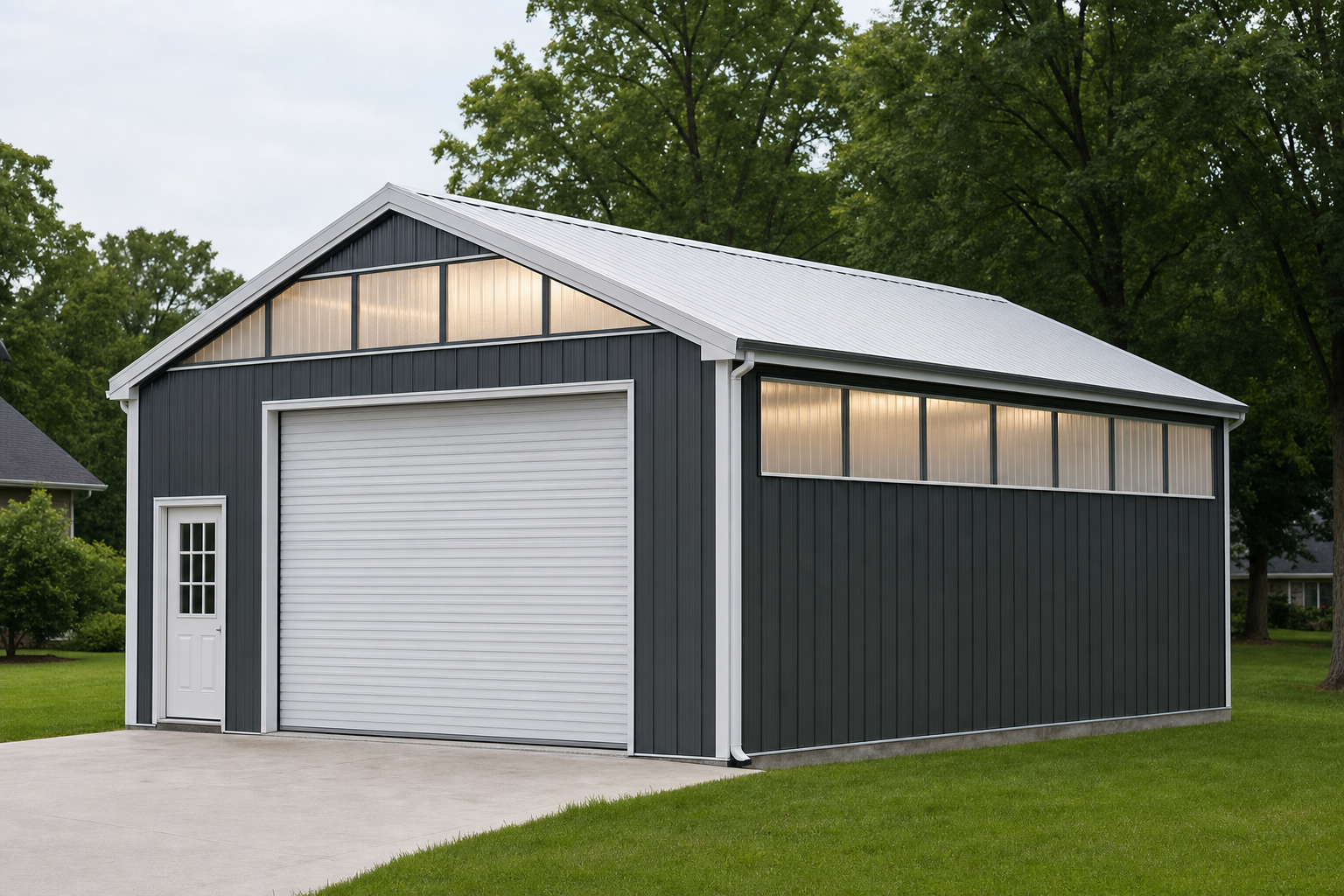 Modern dark gray metal garage with white roll-up door