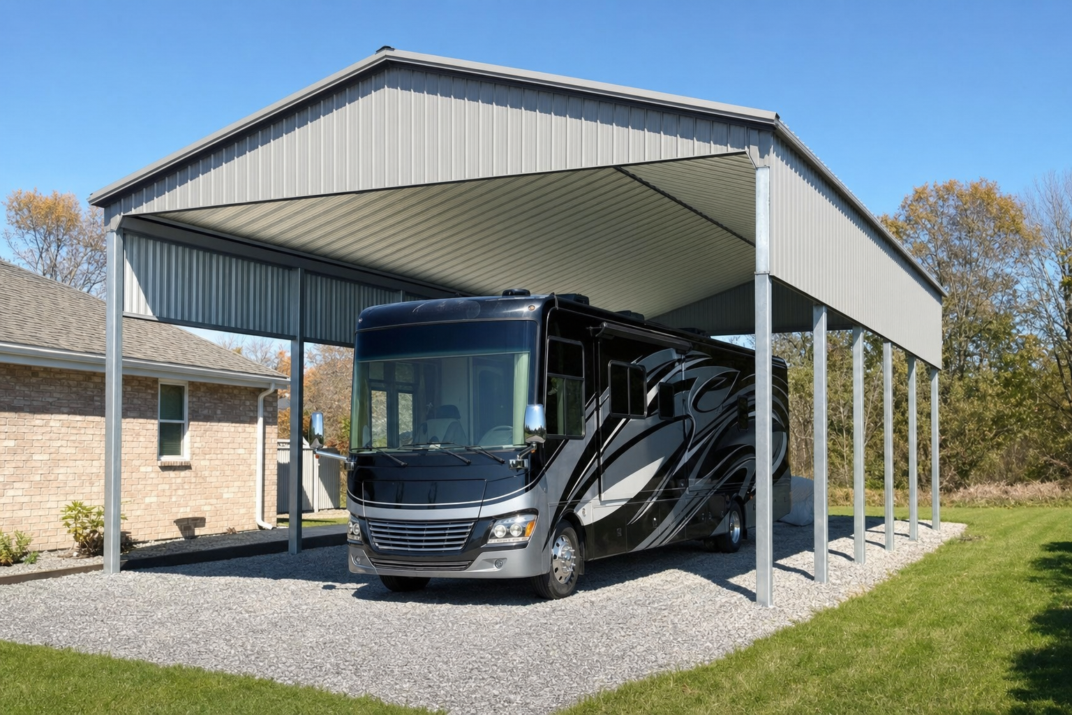 Large RV parked under a metal carport shelter