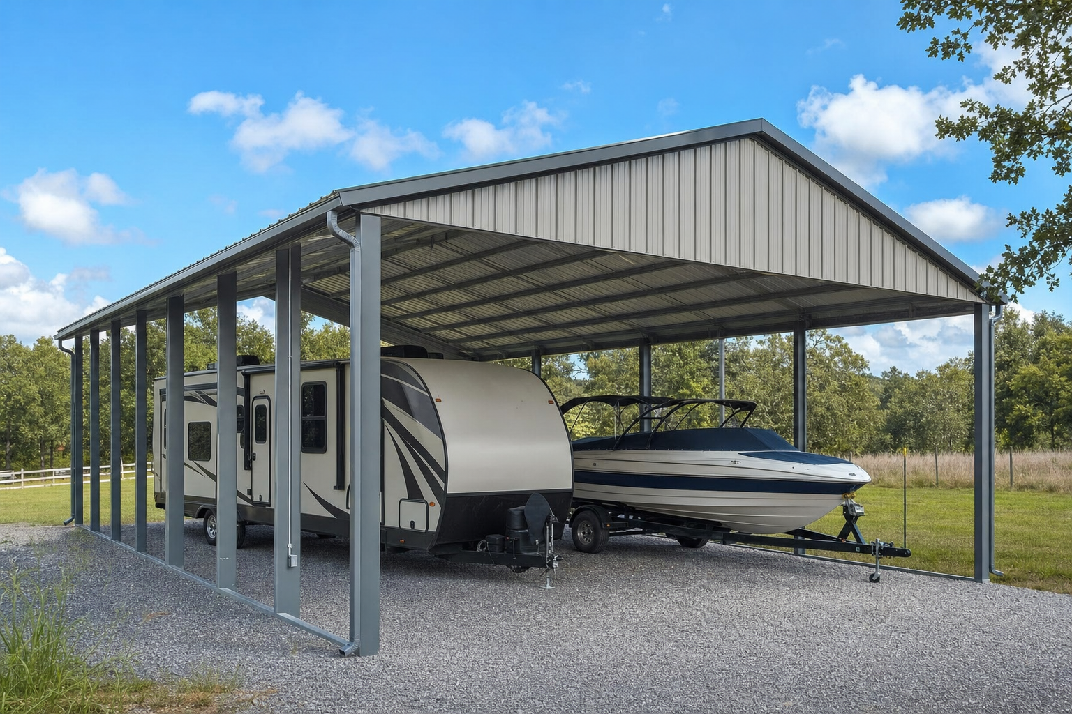 A travel trailer and a motorboat on a trailer are parked side by side under a metal carport on a gravel surface, with trees and grass in the background.