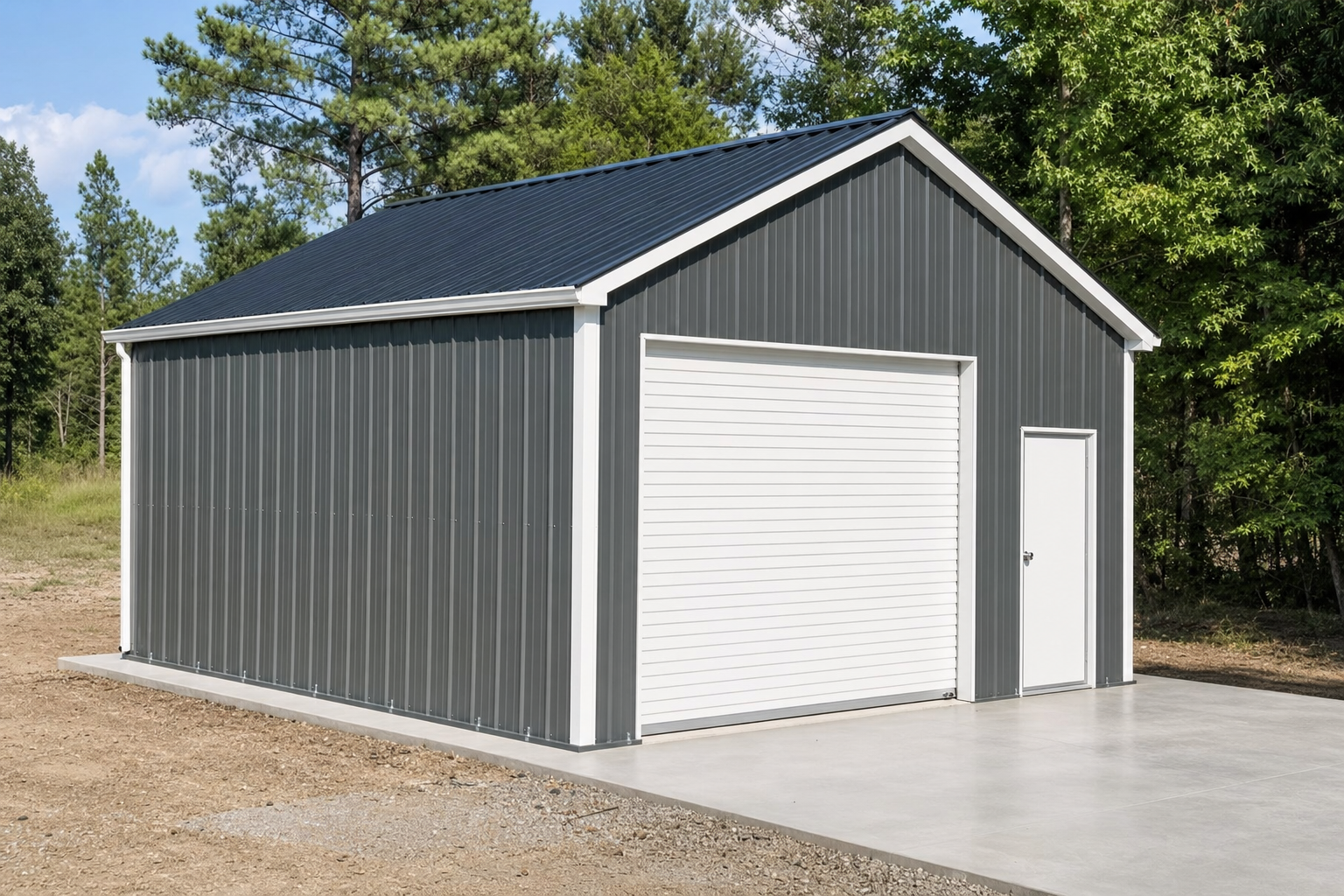 Gray metal garage building with a white roll-up door and side entry door, situated on a concrete slab with trees in the background.