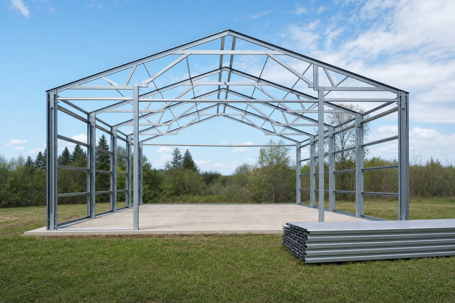 Steel garage frame partly assembled on a concrete pad