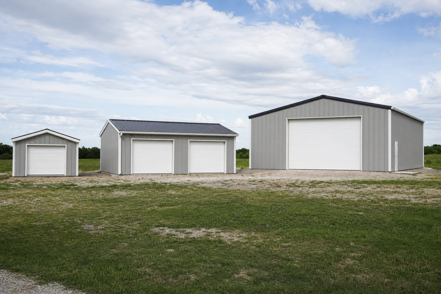 Three gray metal storage buildings of different sizes with white garage doors stand on a grassy and gravel lot under a partly cloudy sky.