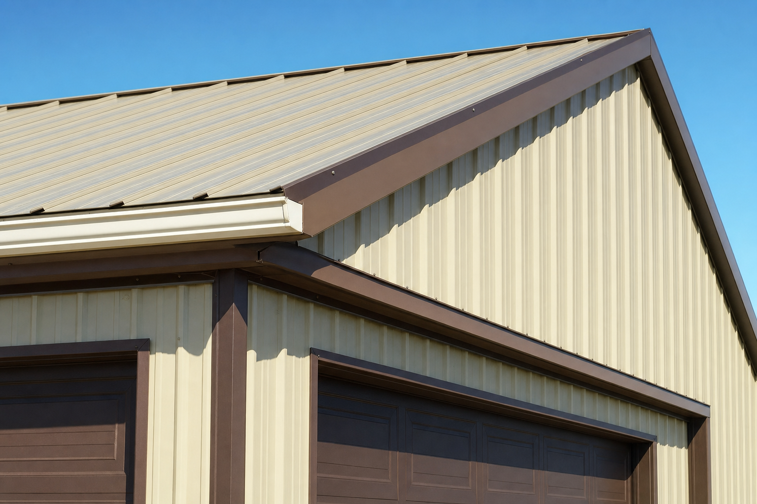 Vertical rib steel roof and boxed eave trim detail