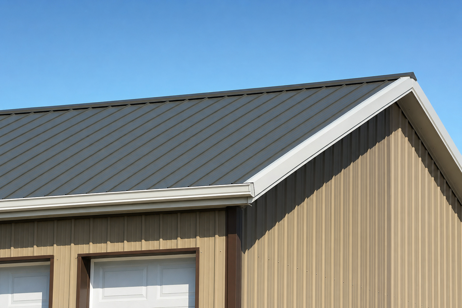 Close-up of a building corner with a brown metal siding and a dark gray metal sloped roof, set against a clear blue sky.