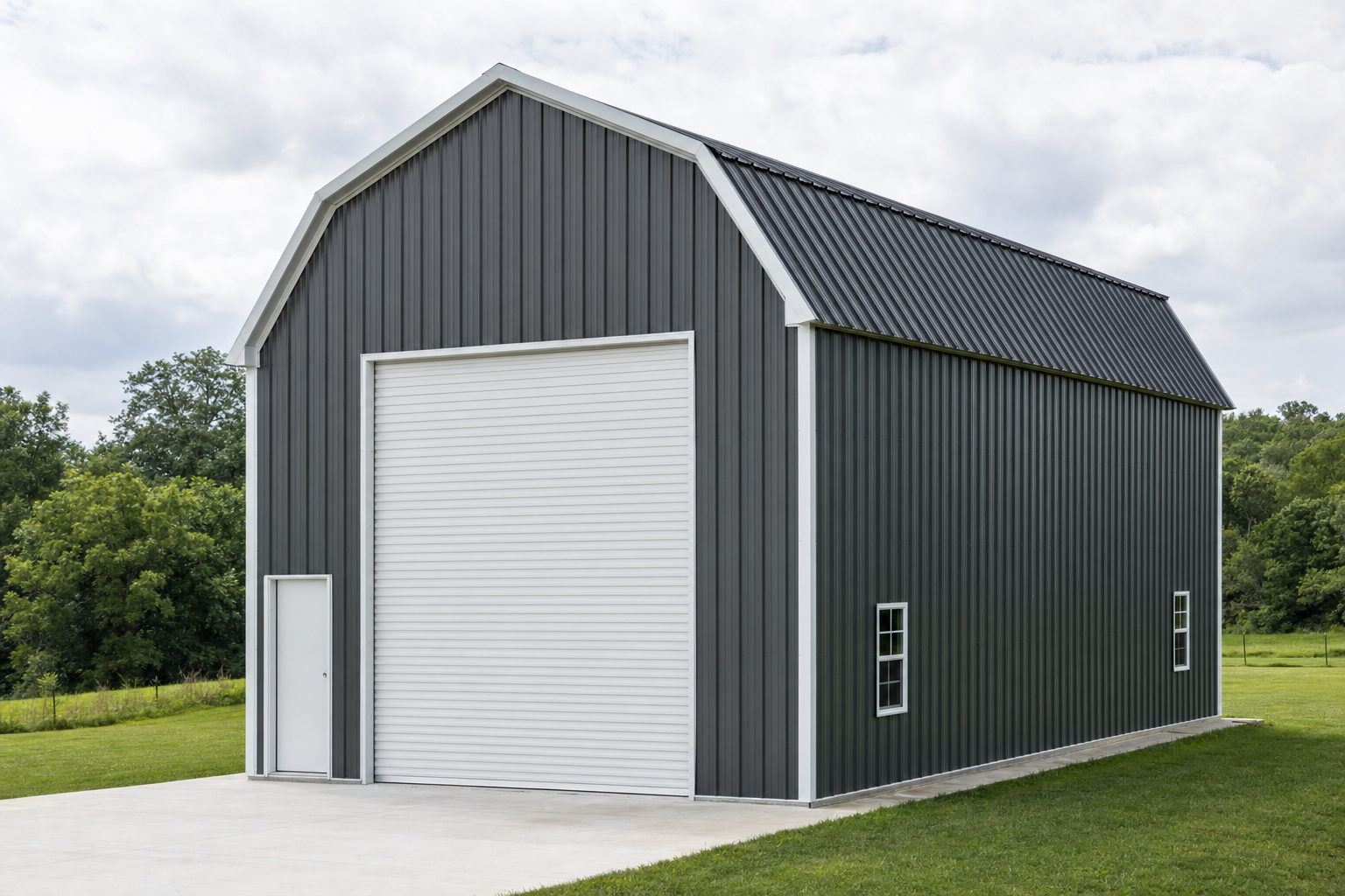 Gray metal barn with a black roof, large white roll-up door, side entry door, and two windows, standing on a concrete slab, surrounded by grass and trees.
